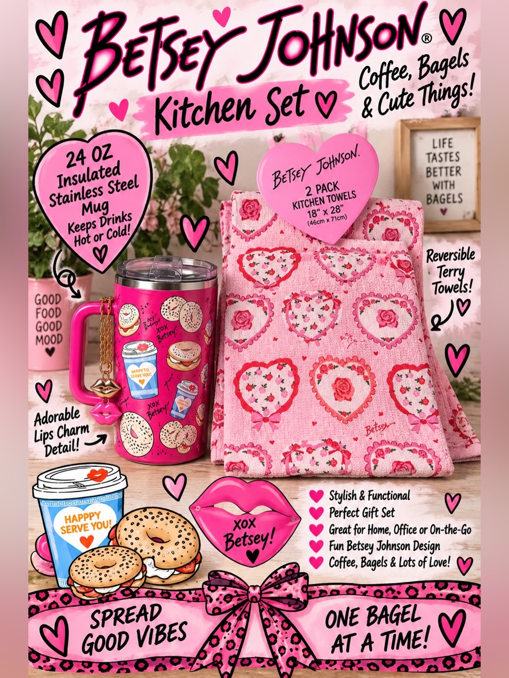 Betsey Johnson Pink Bagel Coffee 24oz Tumbler + Kitchen Towels Set NWT